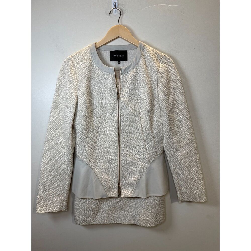 Lafayette 148 Women's Size 4 Cream Tweed Blazer Jacket & Skirt Set Leather Trim - Picture 3 of 10